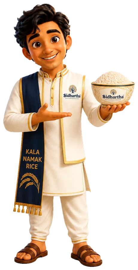 Sidhartha mascot presenting a bowl of Kala Namak rice