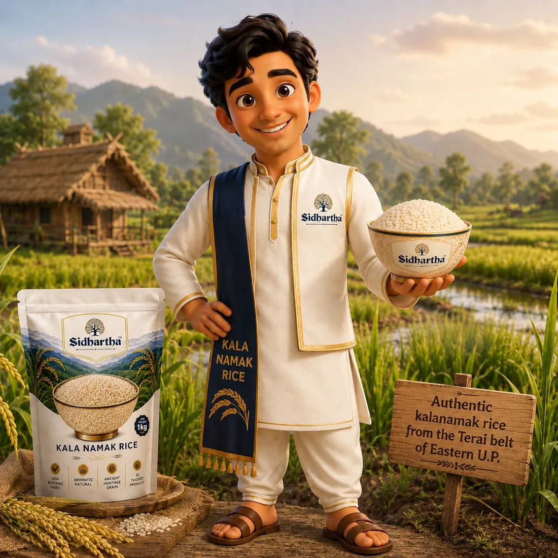 Sidhartha mascot standing in the Terai paddy fields holding a bowl of Kala Namak rice, beside the 1 kg pack and a signboard reading authentic kalanamak rice from the Terai belt of Eastern U.P.